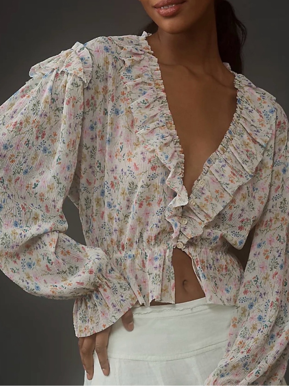 By Anthropology Mesh Floral Ruffle V-Neck Blouse in Ivory Women’s Medium